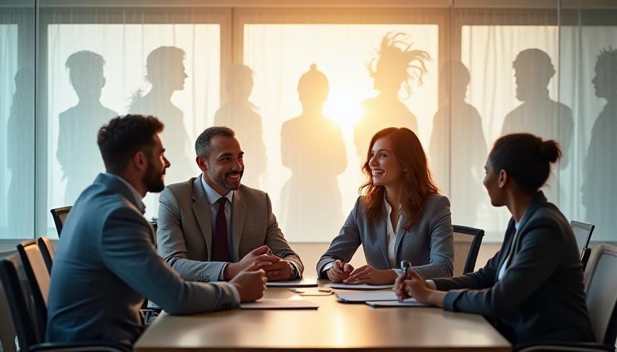 A diverse team collaborating around a table with symbolic shadows of archetypal figures