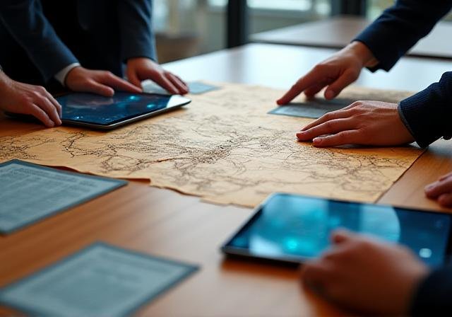 A professional workshop setting using ancient maps and modern technology together