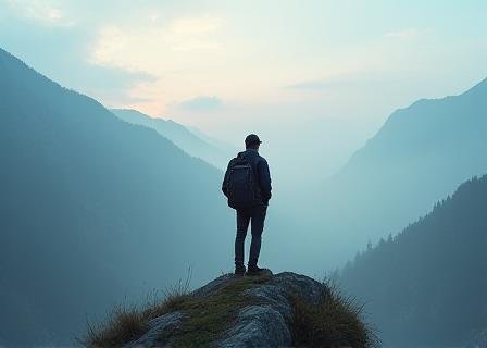 A lone figure looking at a vast, mist-covered mountain range symbolizing a new career challenge