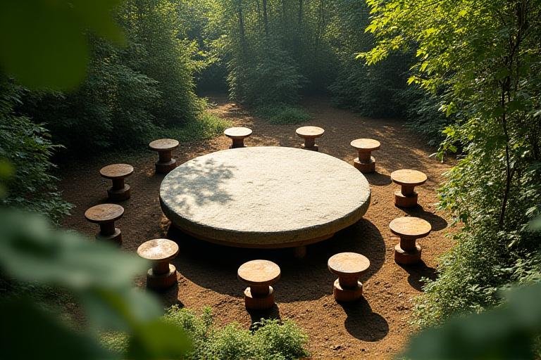 A circular stone meeting table in a forest clearing representing team unity