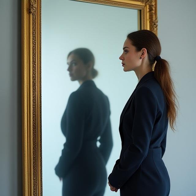 A metaphorical representation of a person looking into a mirror and seeing a powerful, mythic shadow silhouette behind them.